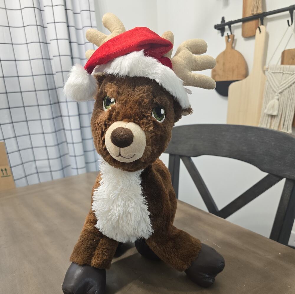 2016Build-A-Bear (Dasher) Reindeer Plush w/ hat Green Eyes faux Leather Paws